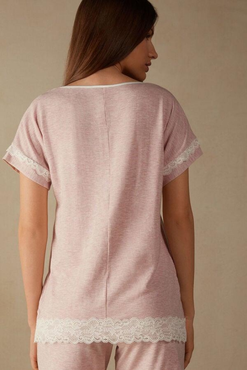 Intimissimi Short-Sleeve Modal Top with Lace Detail Ženske Pidžama Svijetlo Roze | HR 2118GLQ