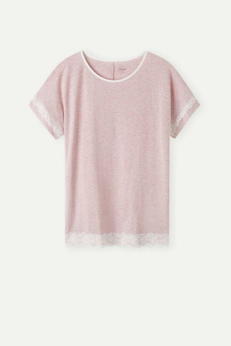 Intimissimi Short-Sleeve Modal Top with Lace Detail Ženske Pidžama Svijetlo Roze | HR 2118GLQ