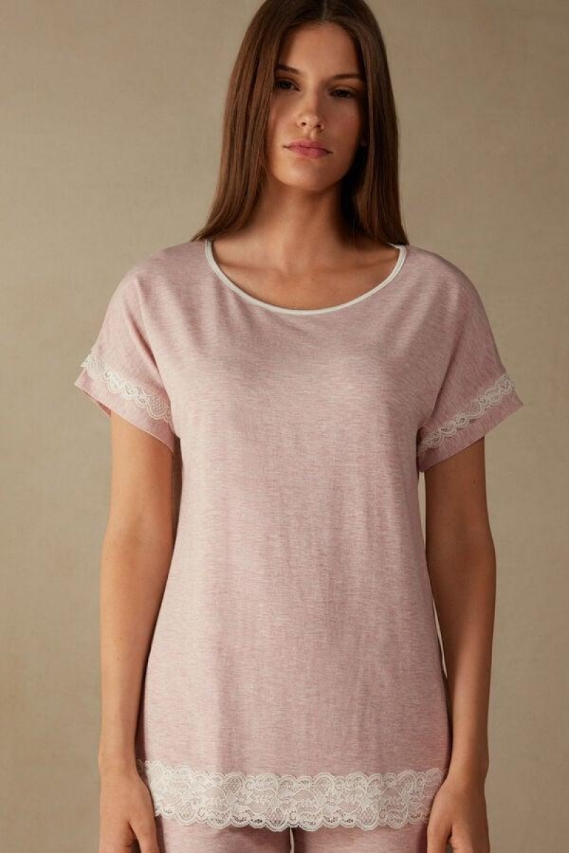 Intimissimi Short-Sleeve Modal Top with Lace Detail Ženske Pidžama Svijetlo Roze | HR 2118GLQ