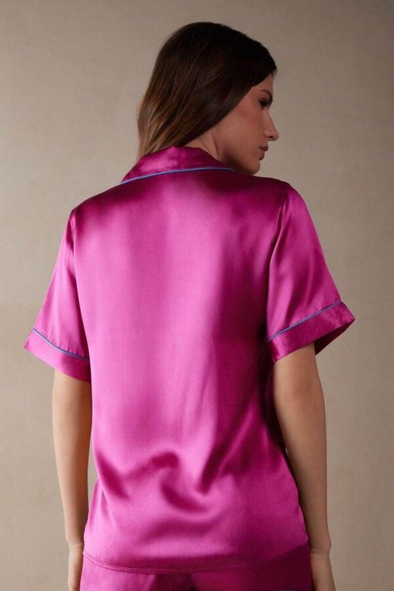 Intimissimi Short Sleeve Silk Shirt with Contrast Trim Ženske Pidžama Roze | HR 2104QZD