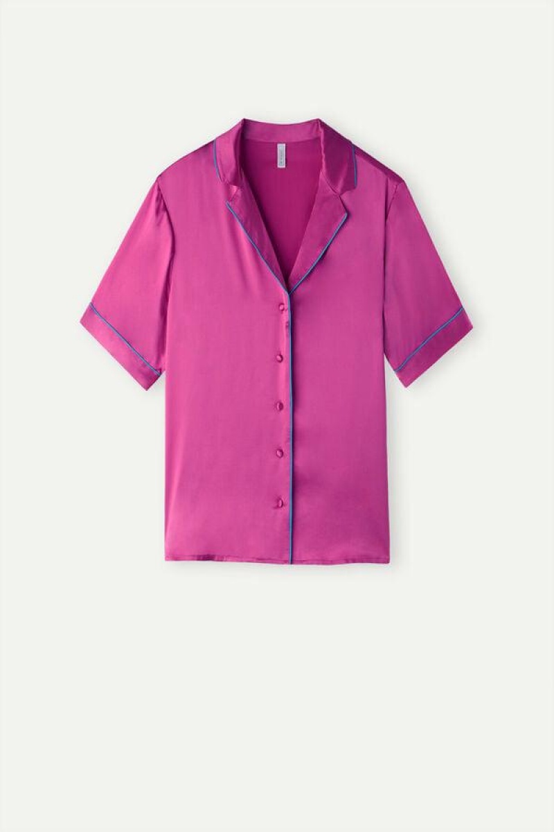 Intimissimi Short Sleeve Silk Shirt with Contrast Trim Ženske Pidžama Roze | HR 2104QZD