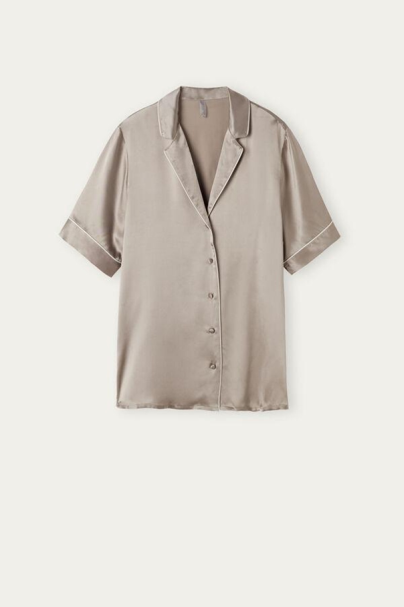 Intimissimi Short Sleeve Silk Shirt with Contrast Trim Ženske Pidžama Bež | HR 2123ZGY