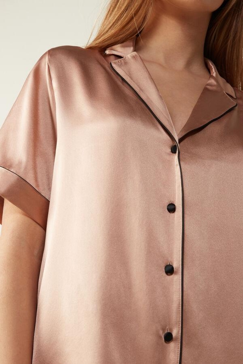 Intimissimi Short Sleeve Silk Shirt with Contrast Trim Ženske Pidžama Roze | HR 2126VDO