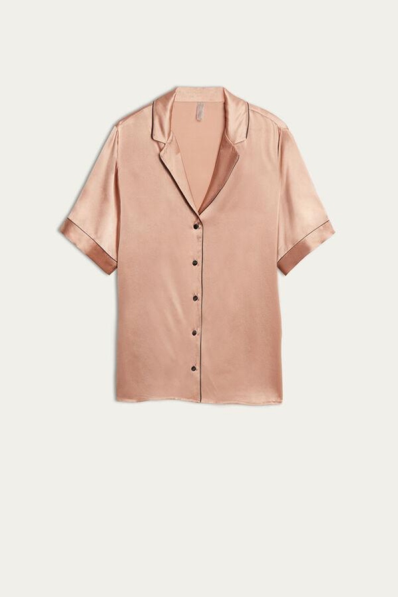 Intimissimi Short Sleeve Silk Shirt with Contrast Trim Ženske Pidžama Roze | HR 2126VDO