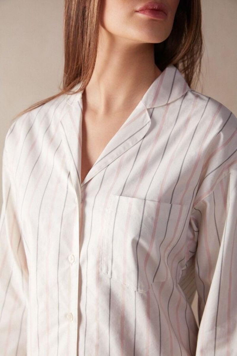 Intimissimi Soft Spring Long Sleeve Button-Up Shirt Ženske Pidžama Bež Roze Prugice | HR 2134TVJ