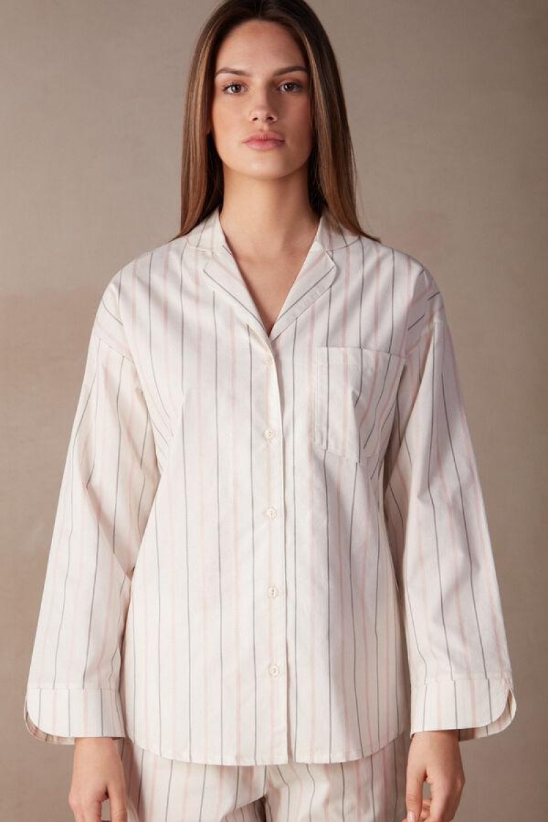 Intimissimi Soft Spring Long Sleeve Button-Up Shirt Ženske Pidžama Bež Roze Prugice | HR 2134TVJ