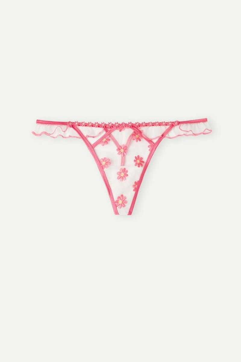 Intimissimi Sweet Like Daisies ‘80s Stil Thong Ženske Gaćice Fuksije Roze Bijele | HR 2233MAS