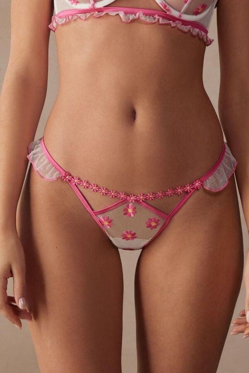 Intimissimi Sweet Like Daisies ‘80s Stil Thong Ženske Gaćice Fuksije Roze Bijele | HR 2233MAS