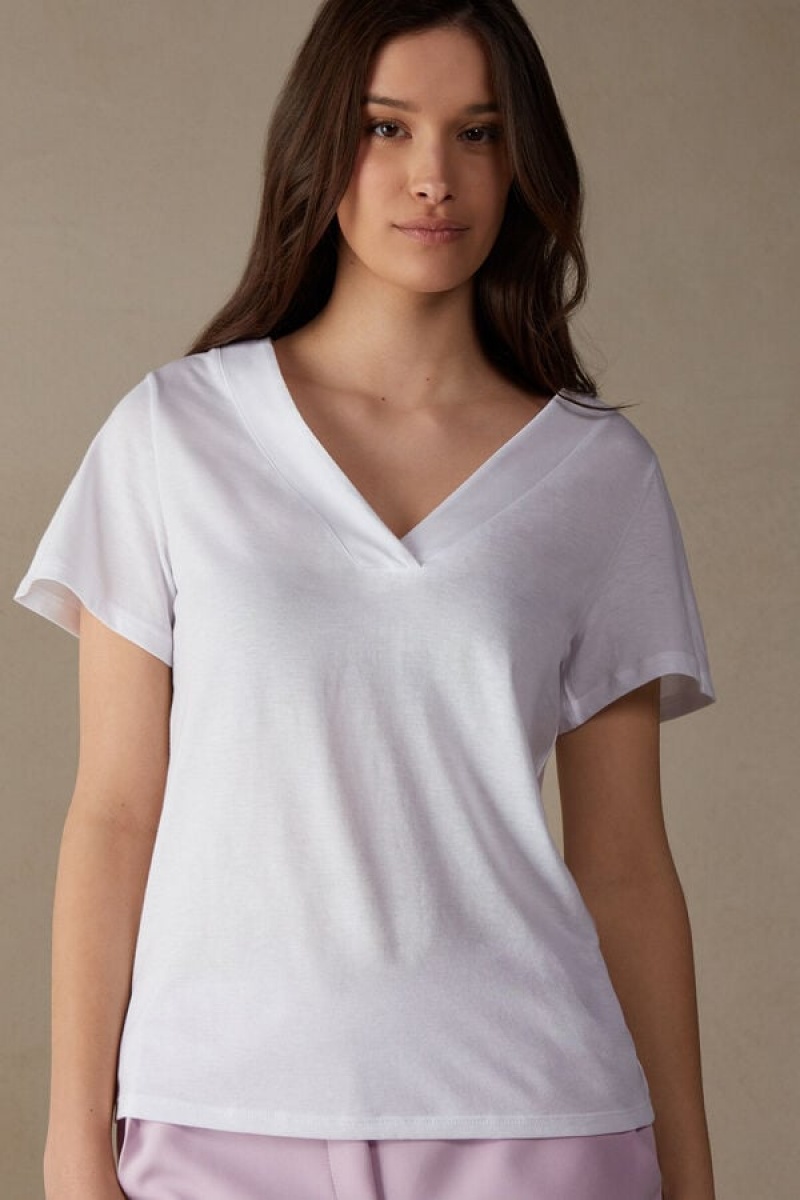 Intimissimi V-neck Top in Supima® Ultrafresh Cotton Ženske Kratki Rukav Bijele | HR 1855SOB