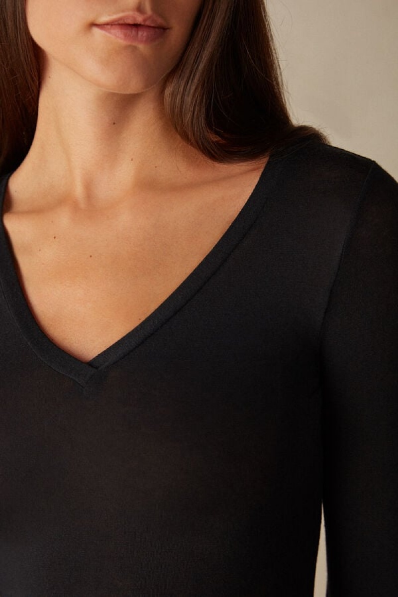 Intimissimi V-neck top in Modal Ultralight with Cashmere Ženske Dugi Rukav Crne | HR 1822TVJ