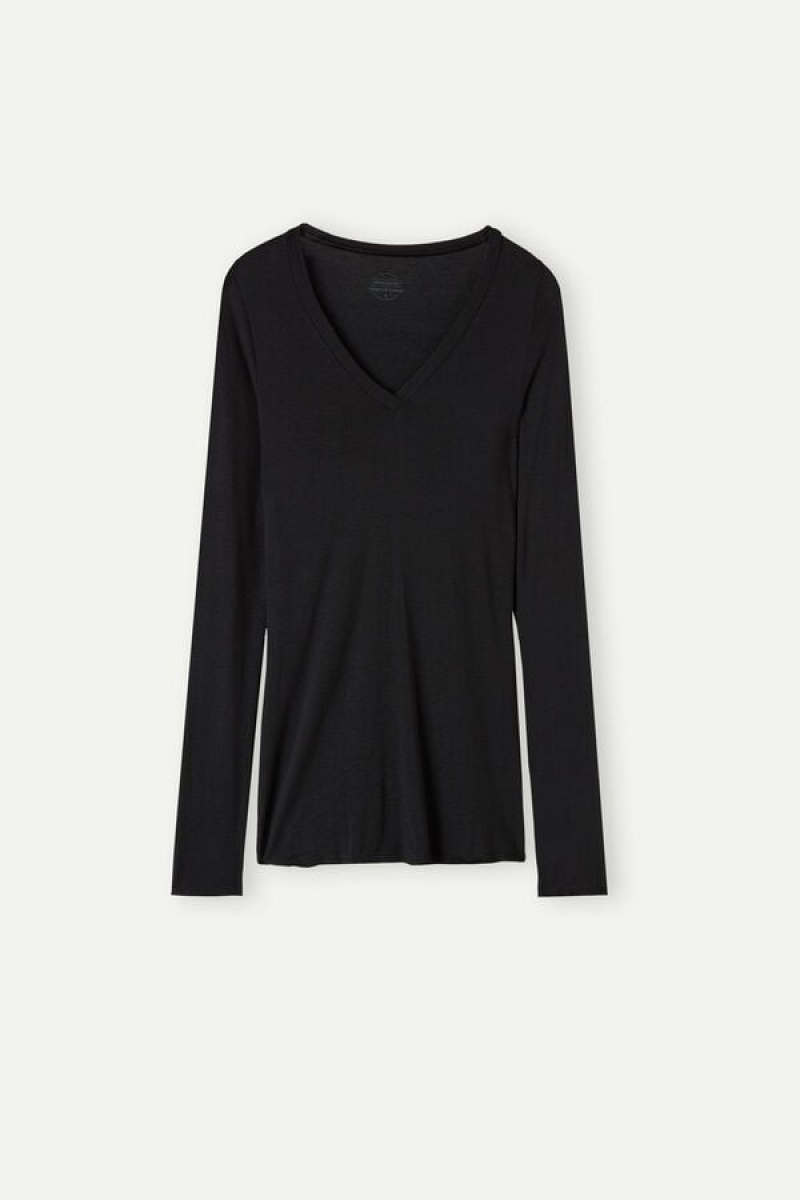 Intimissimi V-neck top in Modal Ultralight with Cashmere Ženske Dugi Rukav Crne | HR 1822TVJ