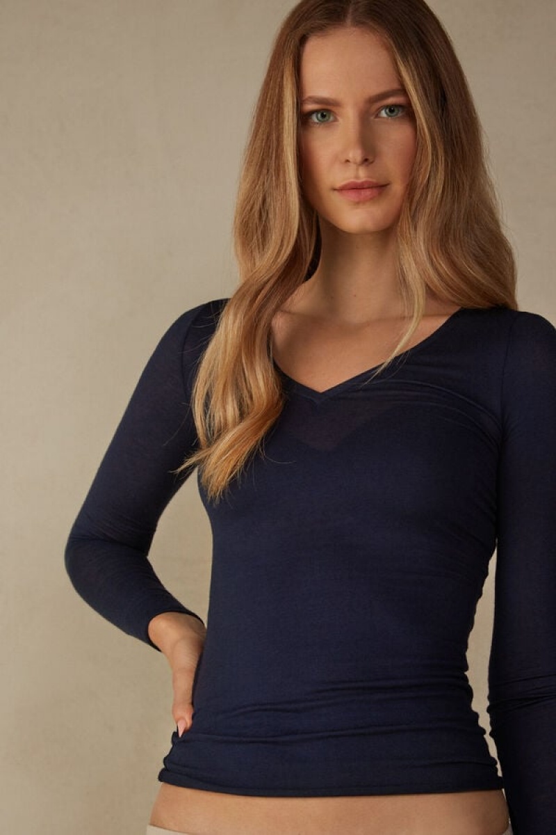 Intimissimi V-neck top in Modal Ultralight with Cashmere Ženske Dugi Rukav Plave | HR 1825ISZ