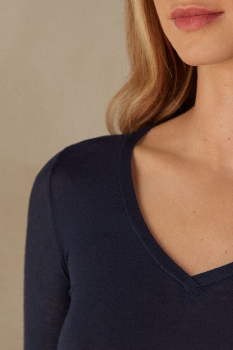 Intimissimi V-neck top in Modal Ultralight with Cashmere Ženske Dugi Rukav Plave | HR 1825ISZ