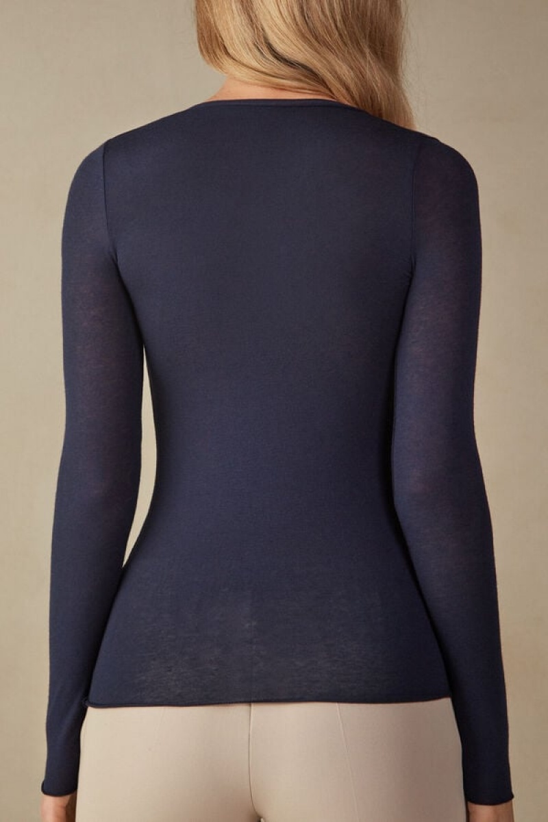 Intimissimi V-neck top in Modal Ultralight with Cashmere Ženske Dugi Rukav Plave | HR 1825ISZ